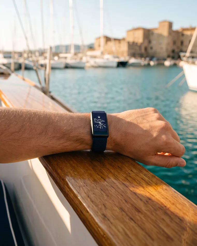Midnight band worn on a forearm resting on a yacht gunwale