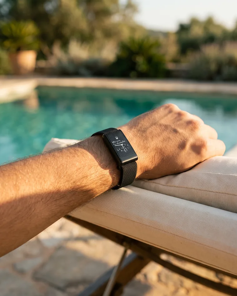 Obsidian band worn poolside on a lounger armrest