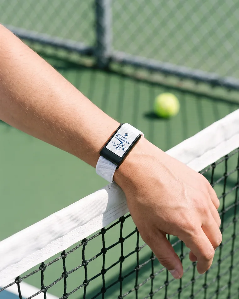 Snow band worn on a wrist resting on a tennis net